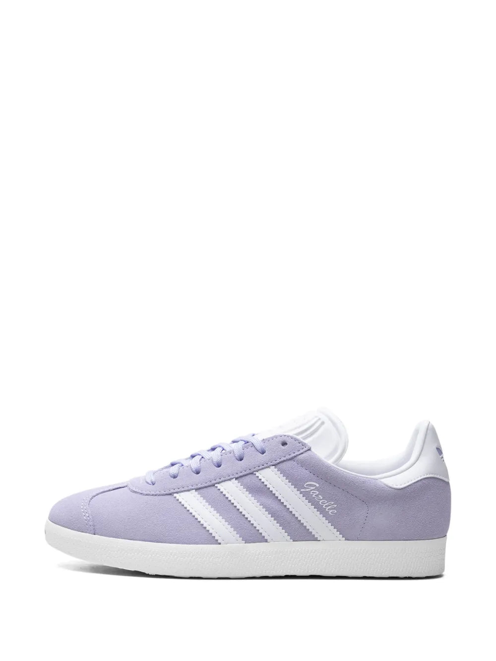 Adidas Gazelle sneaker, side profile, lavender upper with white triple stripes and cupsole