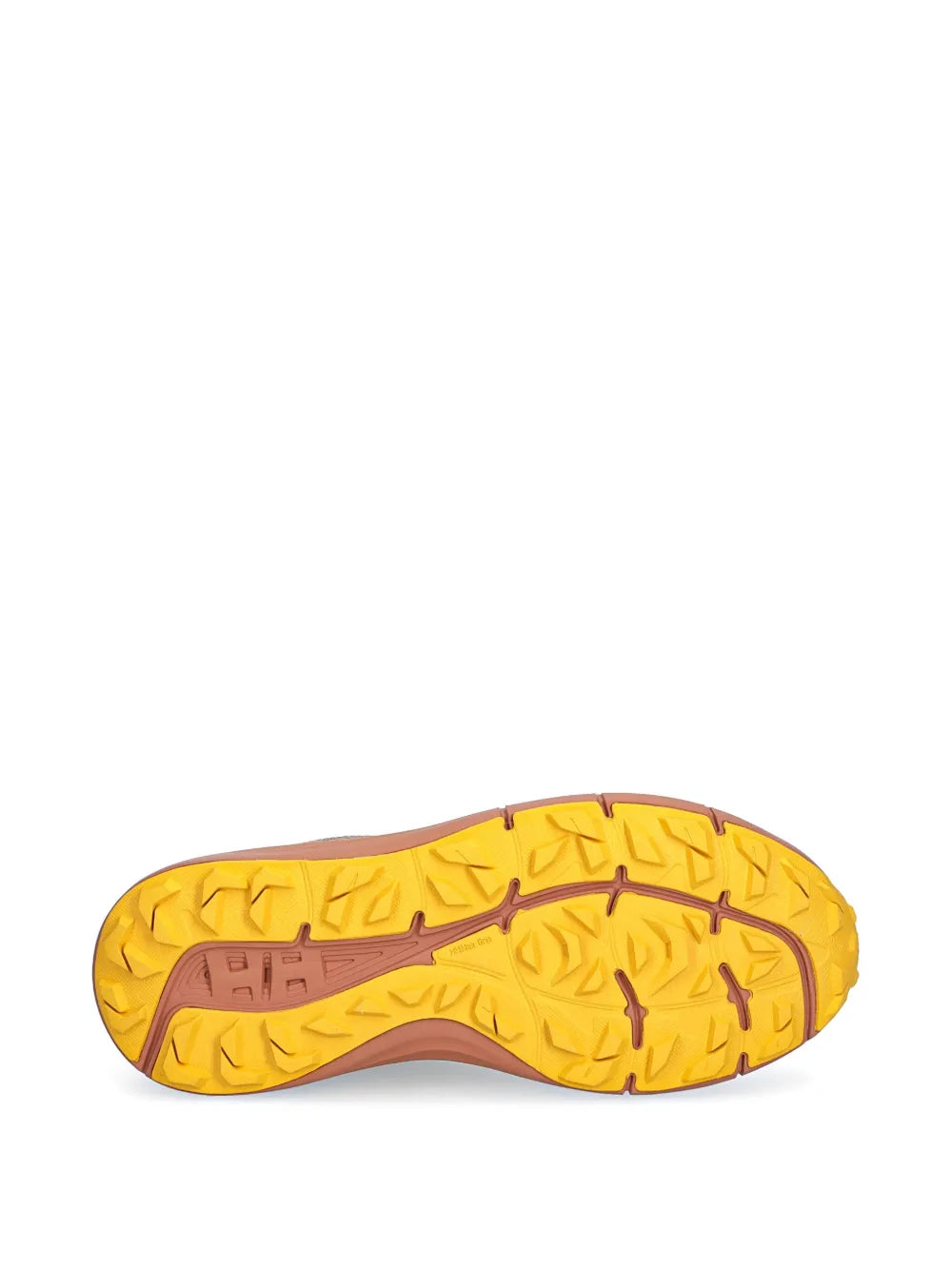 Yellow rubber outsole with deep tread pattern for trail grip