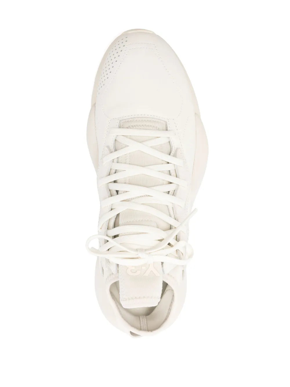 White lace-up sneaker front view with perforated toe and white laces