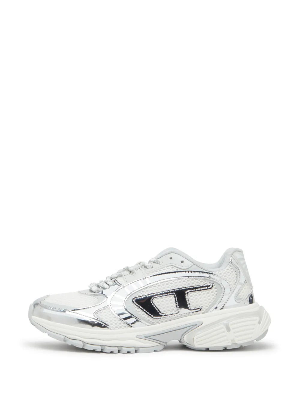 White athletic sneaker with chunky sole and central side emblem, lace-up
