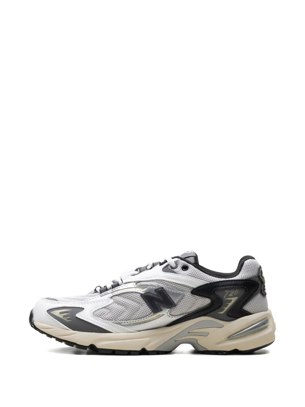 New Balance 725V1 lace-up sneakers, white upper with black overlays and beige midsole