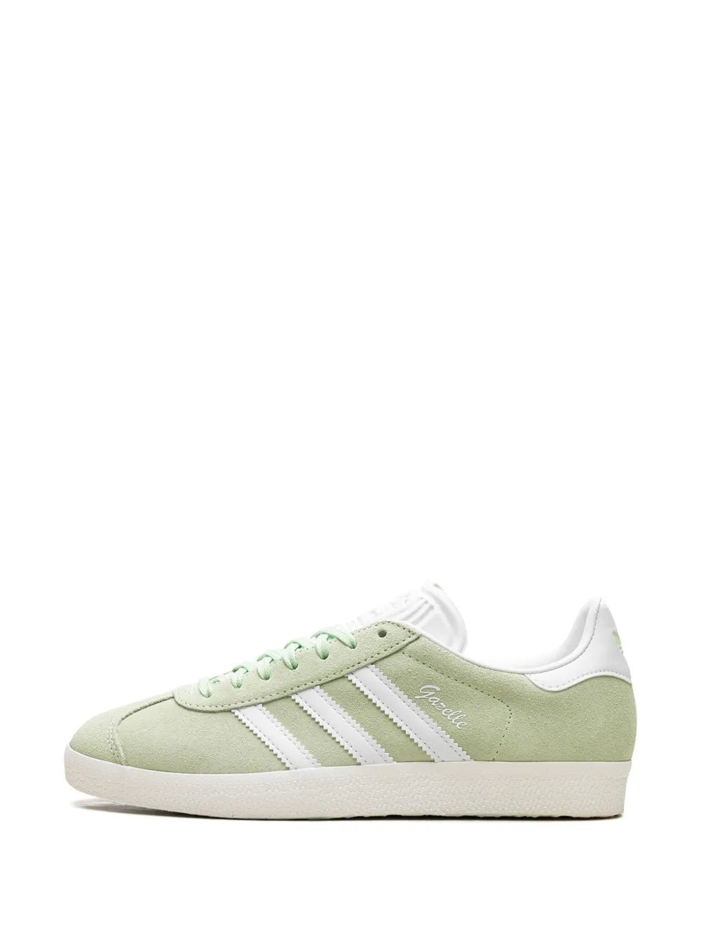 Low-top sneakers front view, light green suede with white stripes and green laces