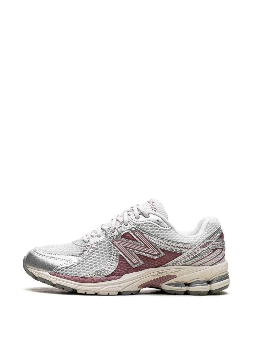Light gray lace-up running shoe with pink logo and trim, cushioned midsole