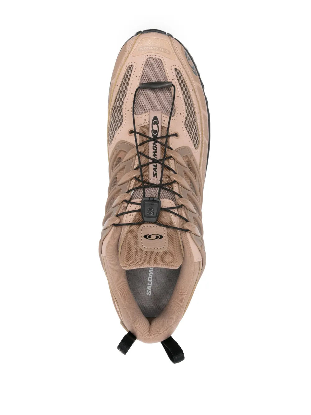 Salomon Acs Pro beige trail shoes, top view of laces and mesh panels