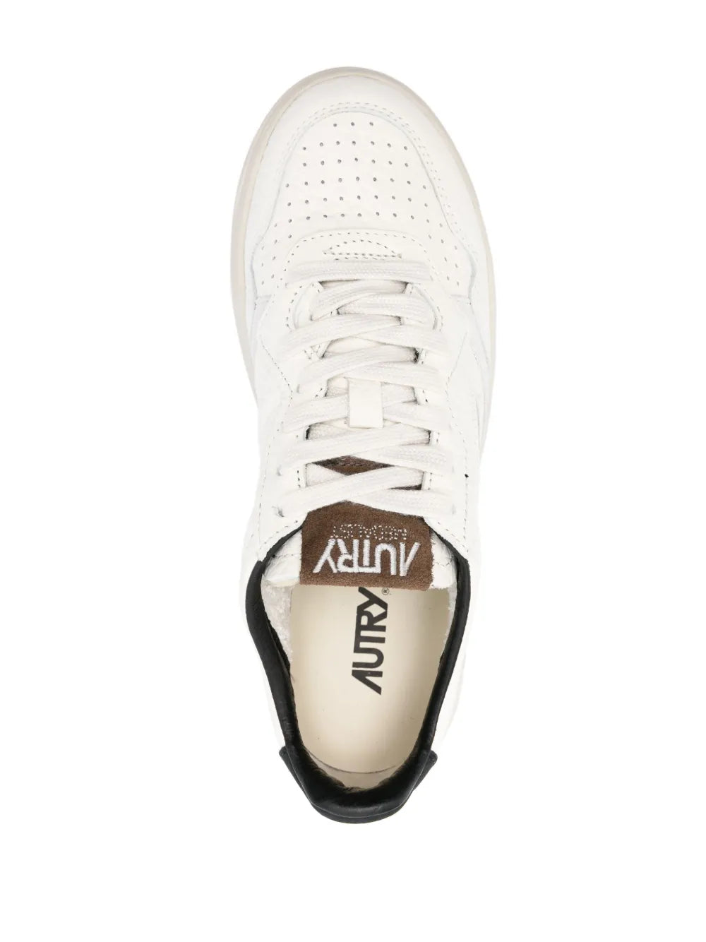 White lace-up sneaker with Autry tongue branding, black heel trim, rubber outsole
