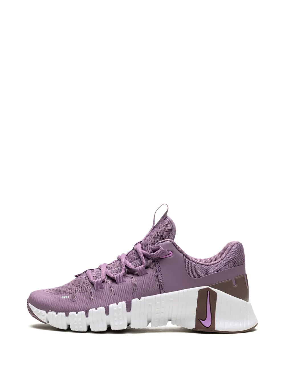 Purple Nike sneaker side view with laces, white foam sole, and heel tab