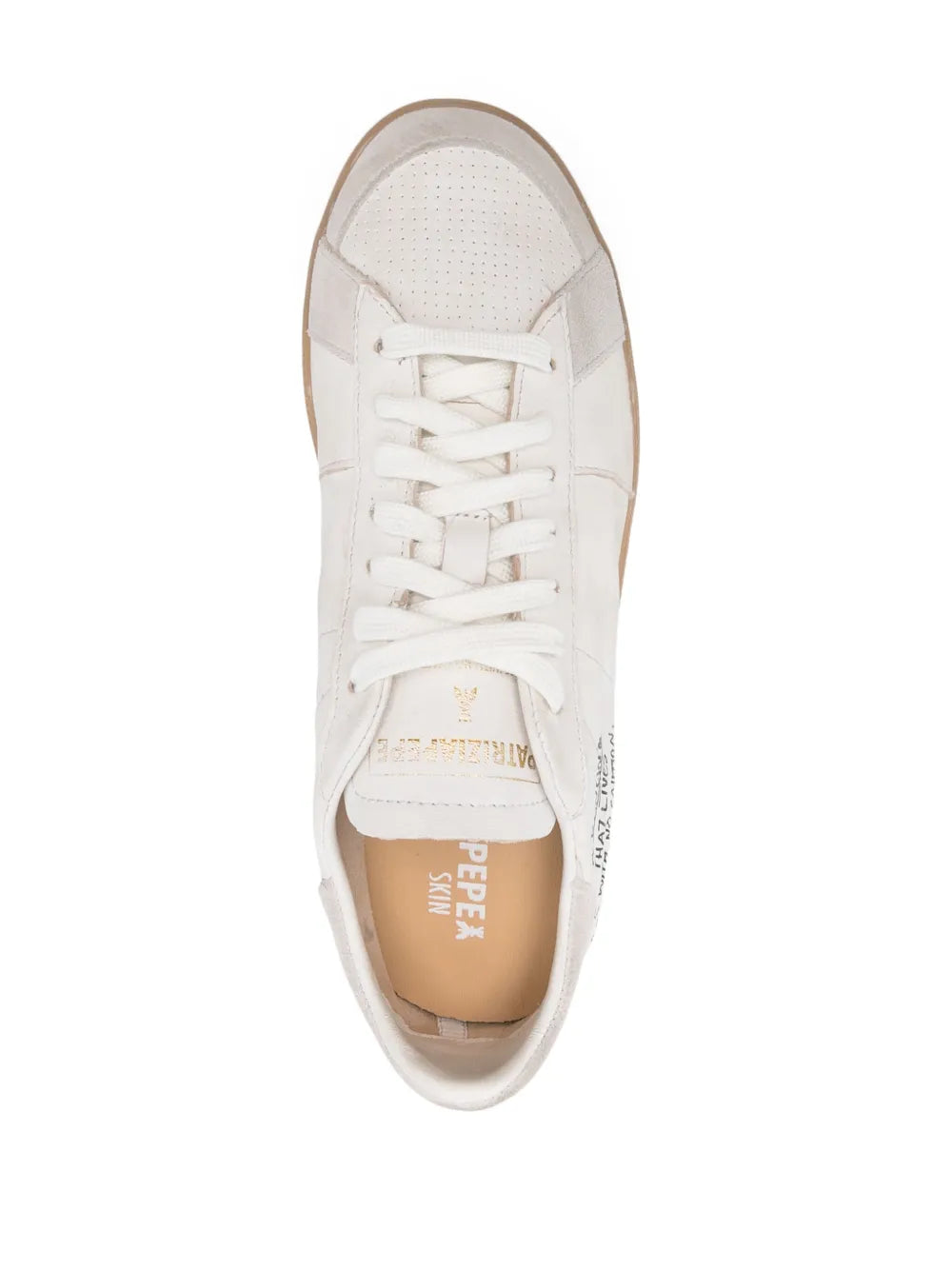 Top view white low-top sneaker with white laces and perforated toe box