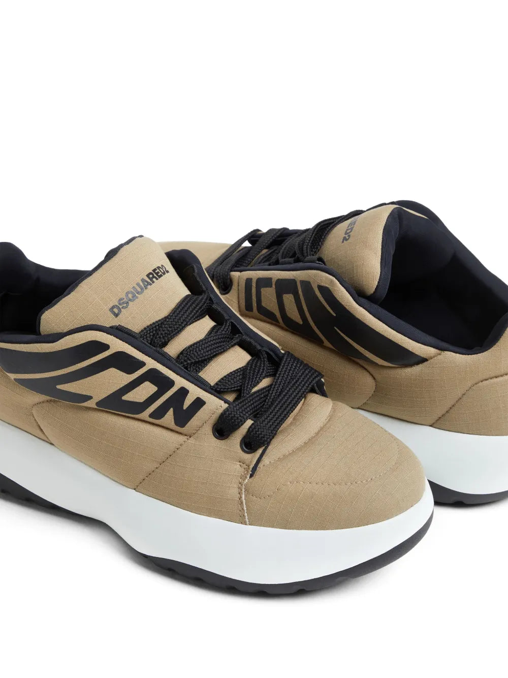Dsquared2 Icon New Generation sneakers close-up, taupe uppers, ICON side graphic, white sole