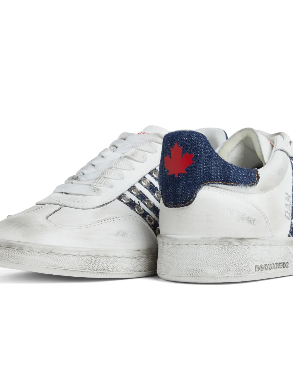 White Dsquared2 boxer sneakers, back/side view with blue heel and red maple leaf patch
