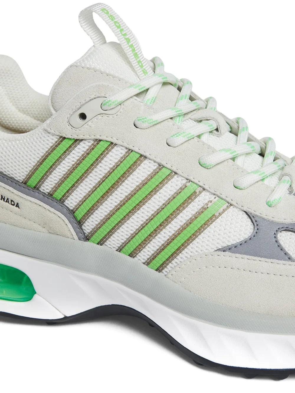 Dsquared2 Dash sneakers close-up with green striped panels and mint laces