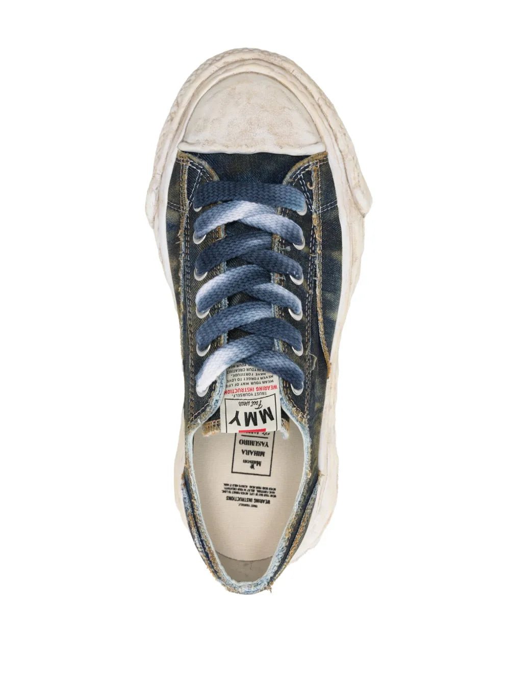 Blue denim lace-up low-top sneakers with white midsole and visible tongue label