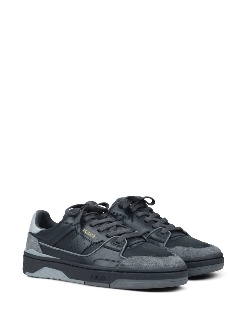 Black/grey lace-up sneakers with textured toe and low-profile sole, front view