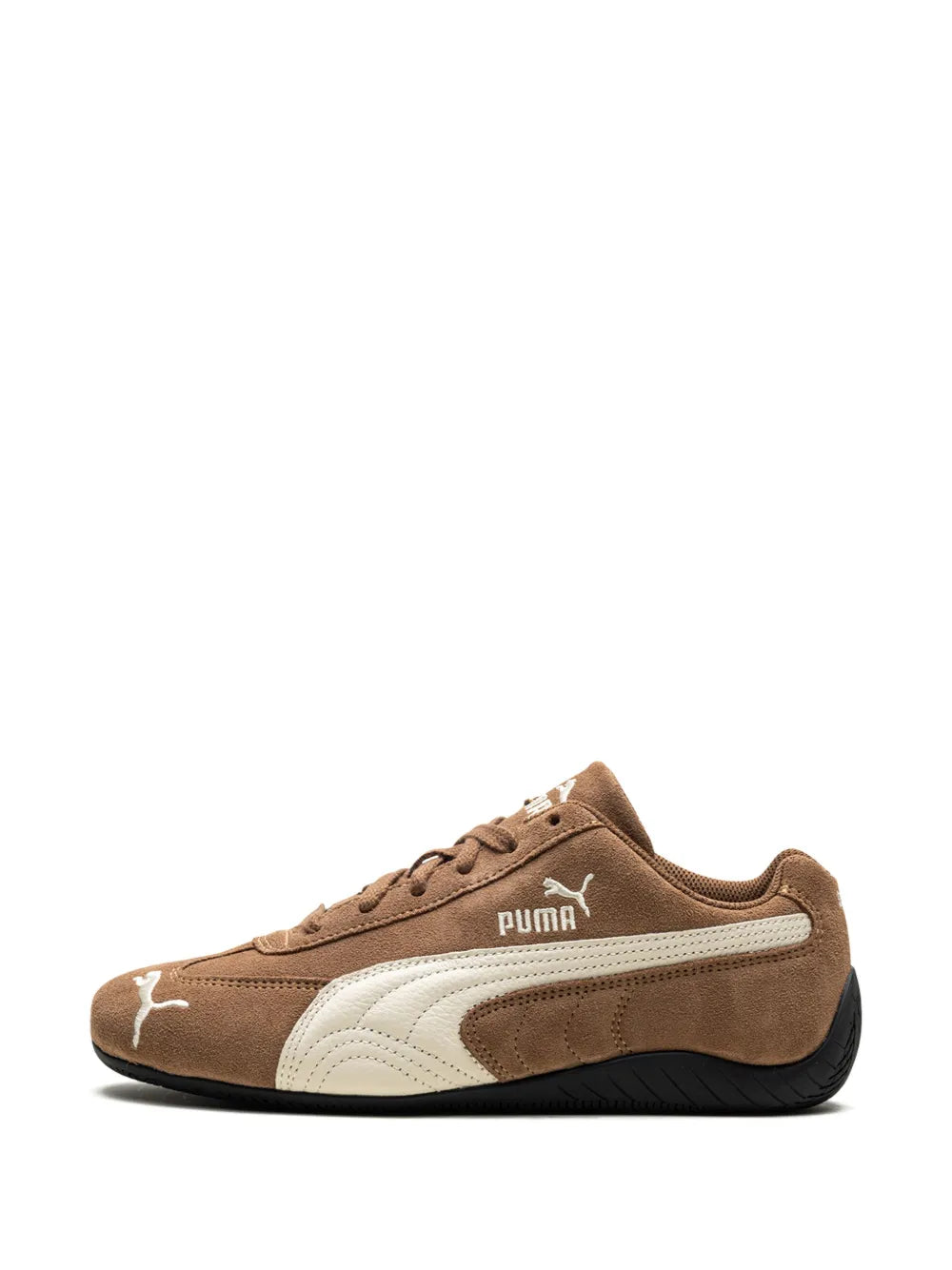 Beige/brown lace-up suede sneaker with white toe and side panels, PUMA cat