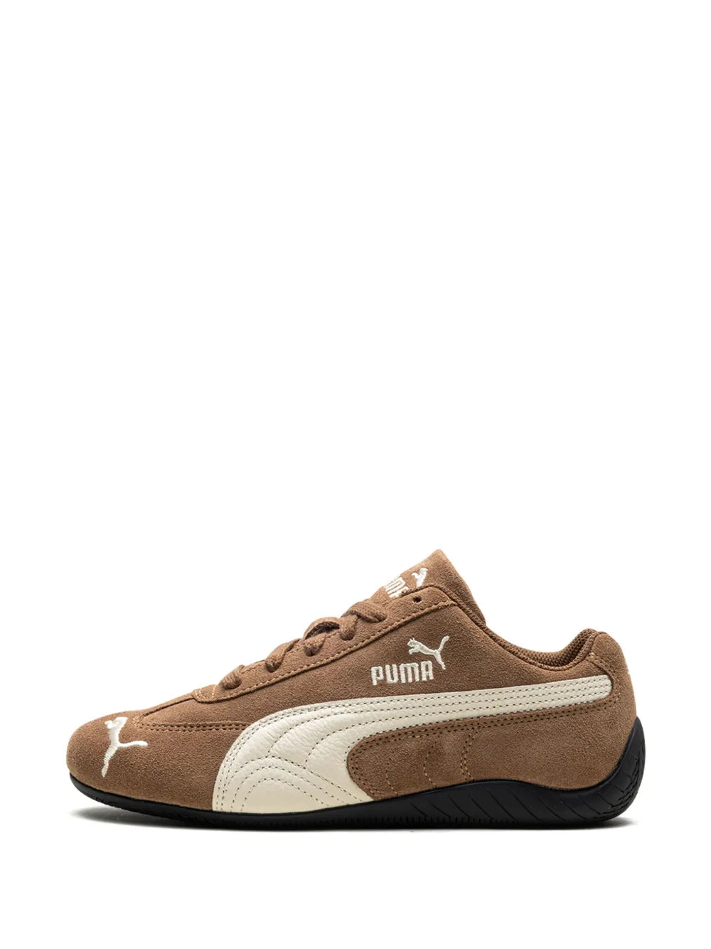 Beige-brown suede lace-up sneakers with white vamp and black tread sole