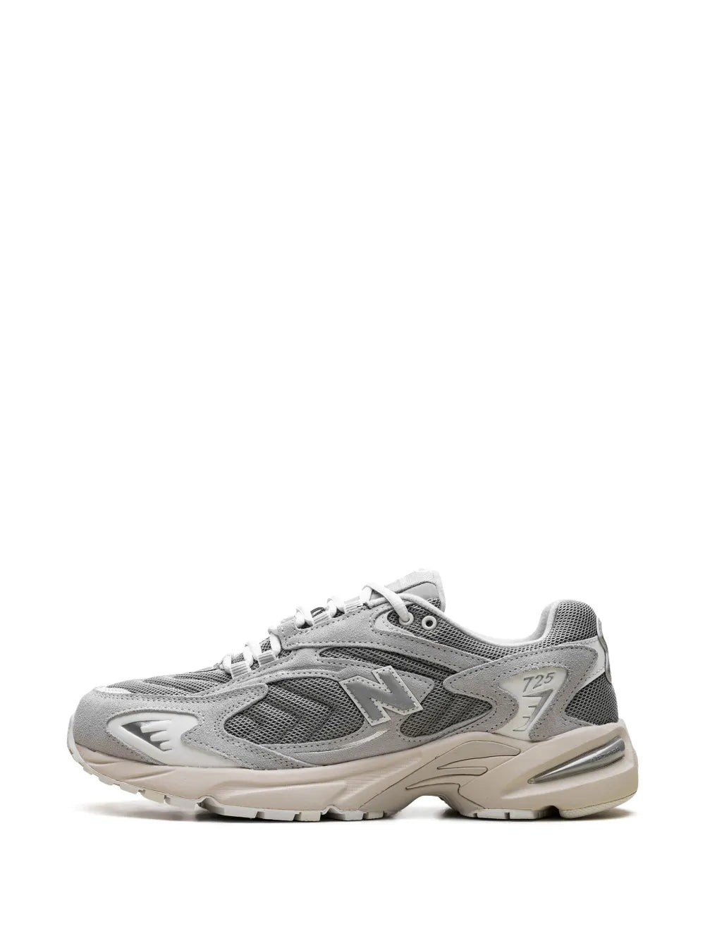 Grey running sneaker front view, lace-up mesh upper with N logo and chunky sole