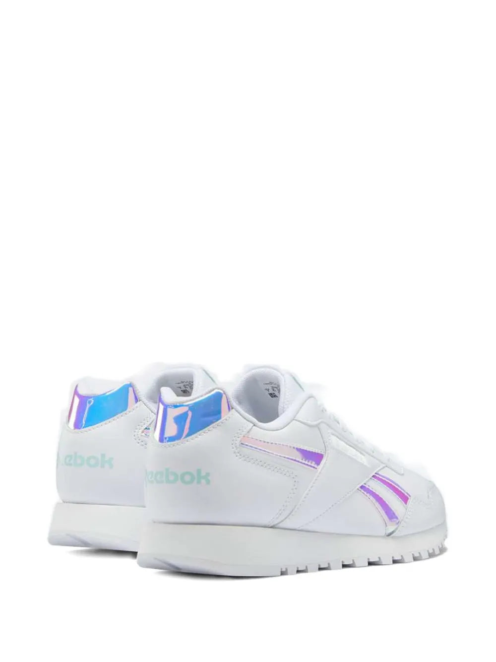 White lace-up sneaker with heel tab and blue/purple accent stripes