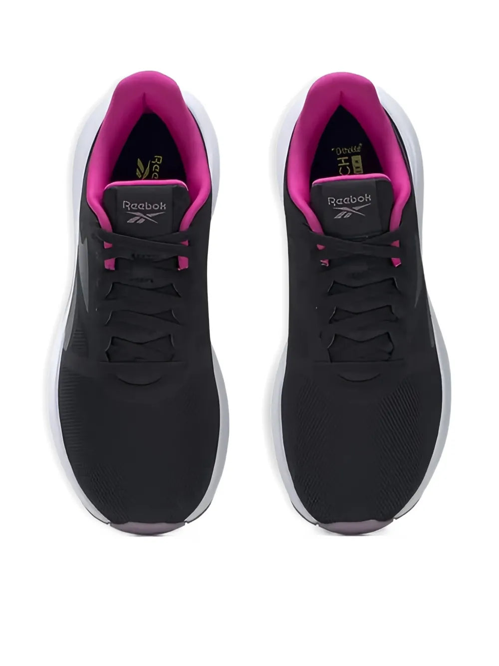Black lace-up running shoes with pink interior and logo heel detail