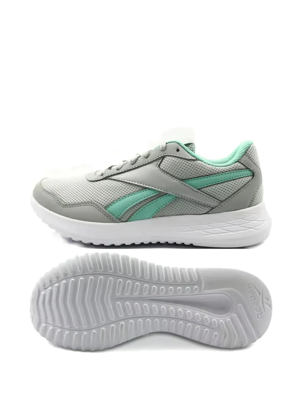 Grey and teal low-top sneakers with treaded rubber outsole, side view