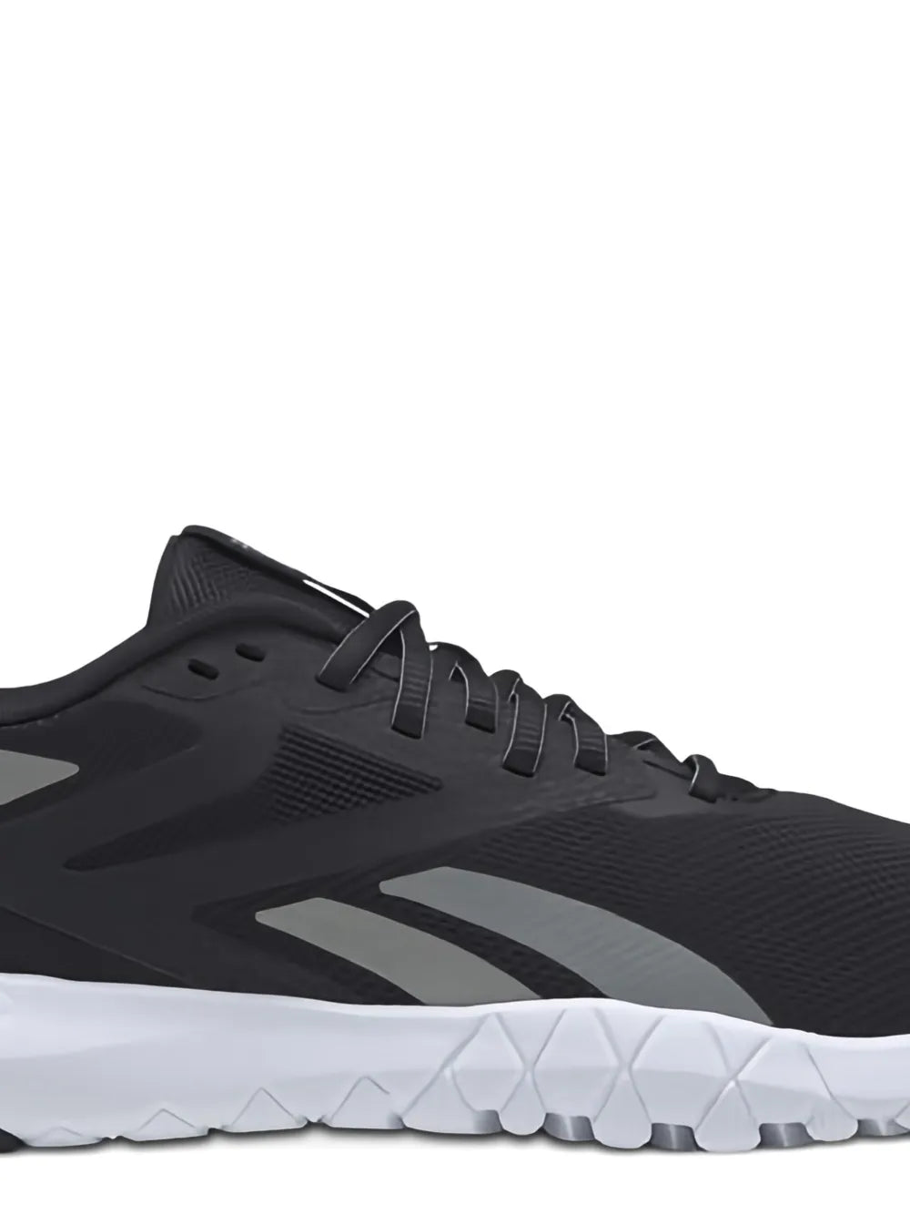 Black Reebok lace-up sneaker with textured side, white midsole and tread