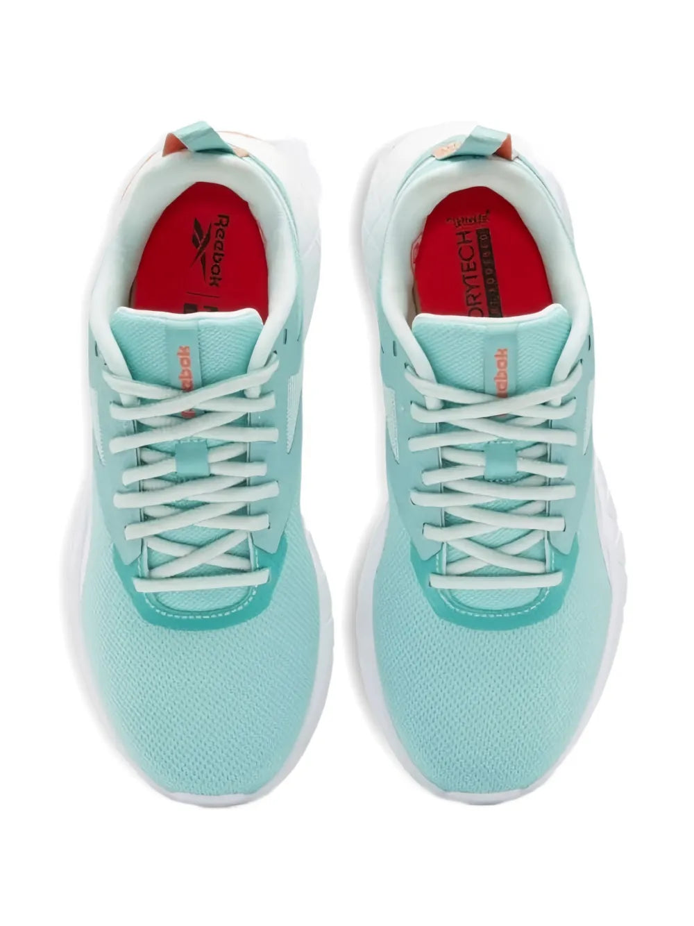 Teal lace-up running shoes with red interior lining and white laces