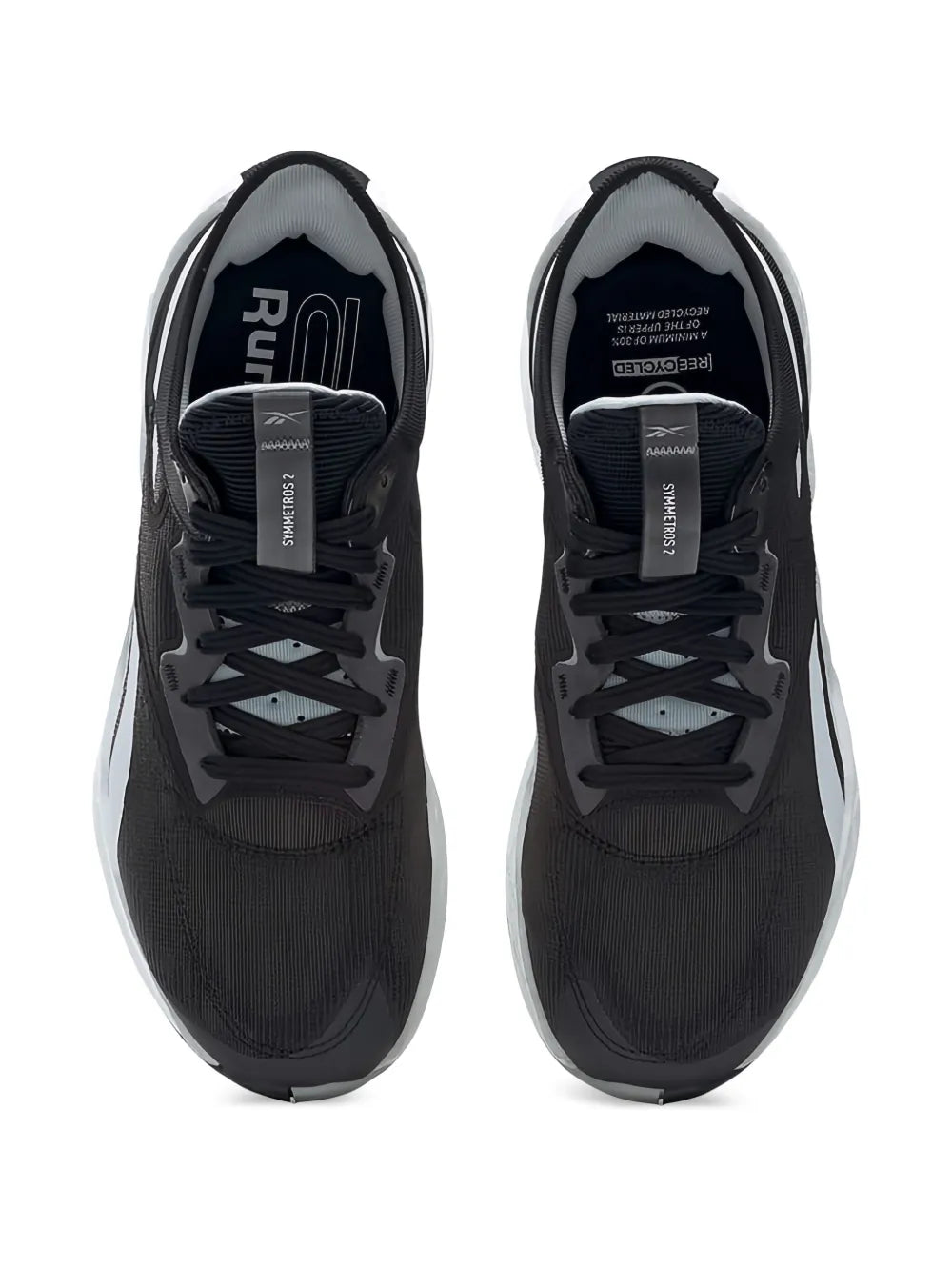 Reebok black running shoes, top view of laces and tongue logo