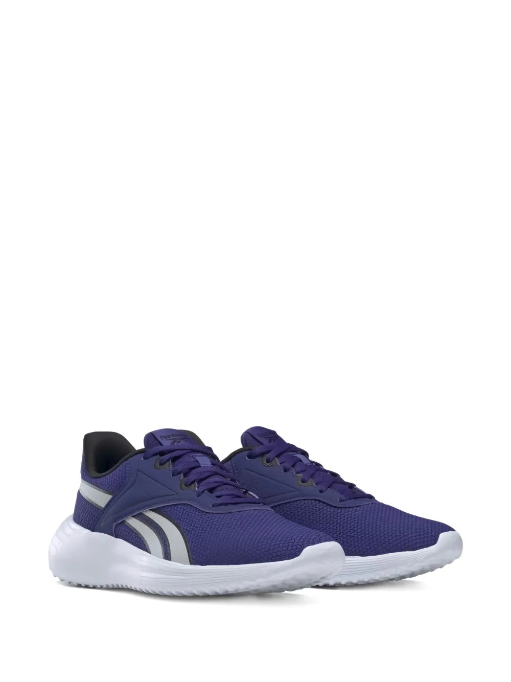 Purple lace-up running shoes with white midsole and side logo, front 3/4 view
