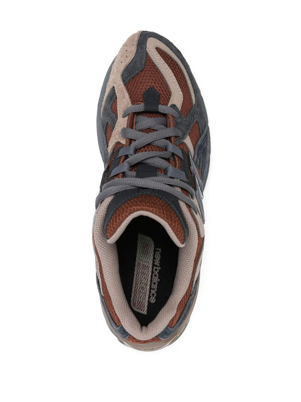 Side-view lace-up sneaker with mesh collar, dark laces, and brown heel panel