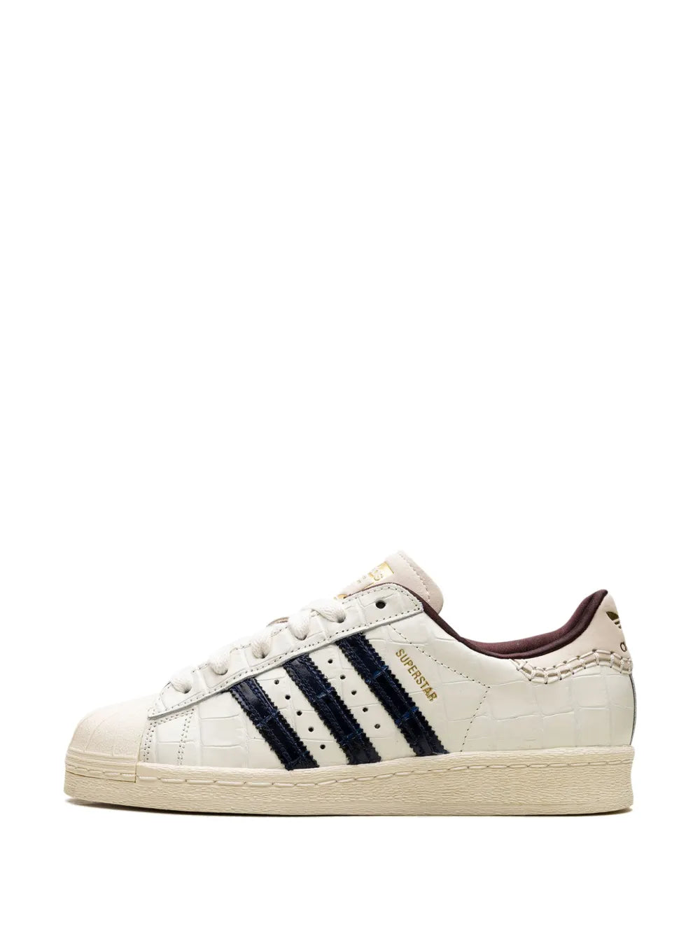 adidas Superstar white sneakers with navy stripes, lace-up, burgundy heel lining