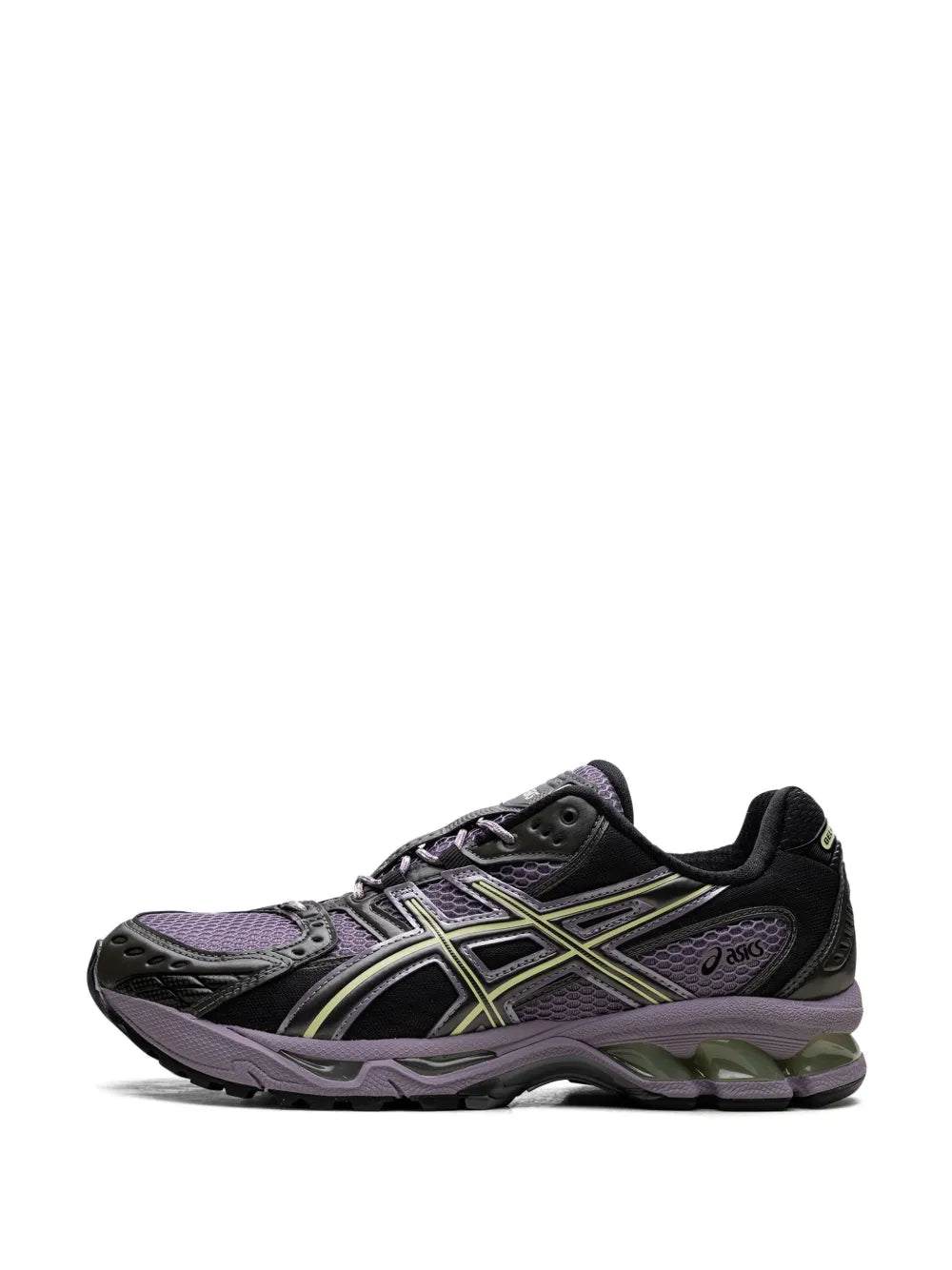 Gel-Nimbus 10.1 running shoes, black/purple upper with neon green side stripes