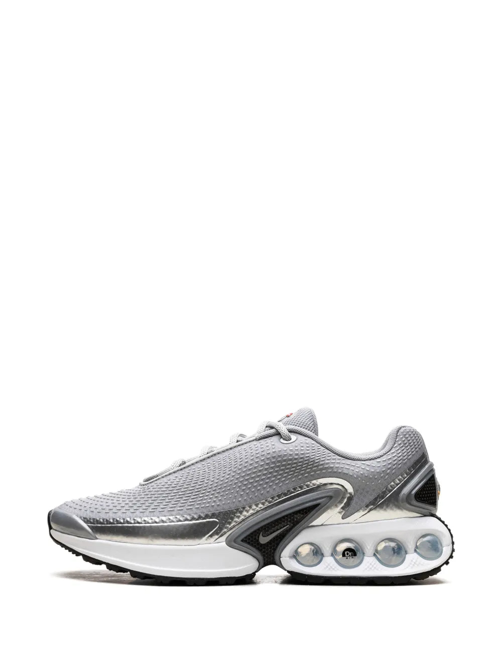 Nike Air Max shoe with lace-up gray knit upper, silver swoosh, and blue air pods