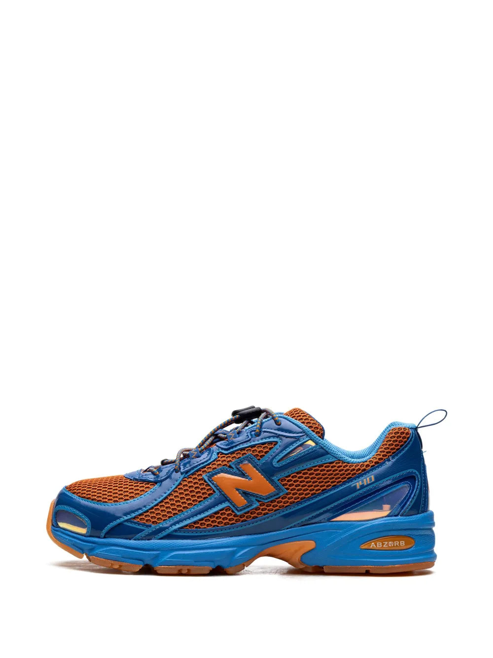 New Balance 740V2 tech sneakers, front view, cobalt blue with orange toe and N logo
