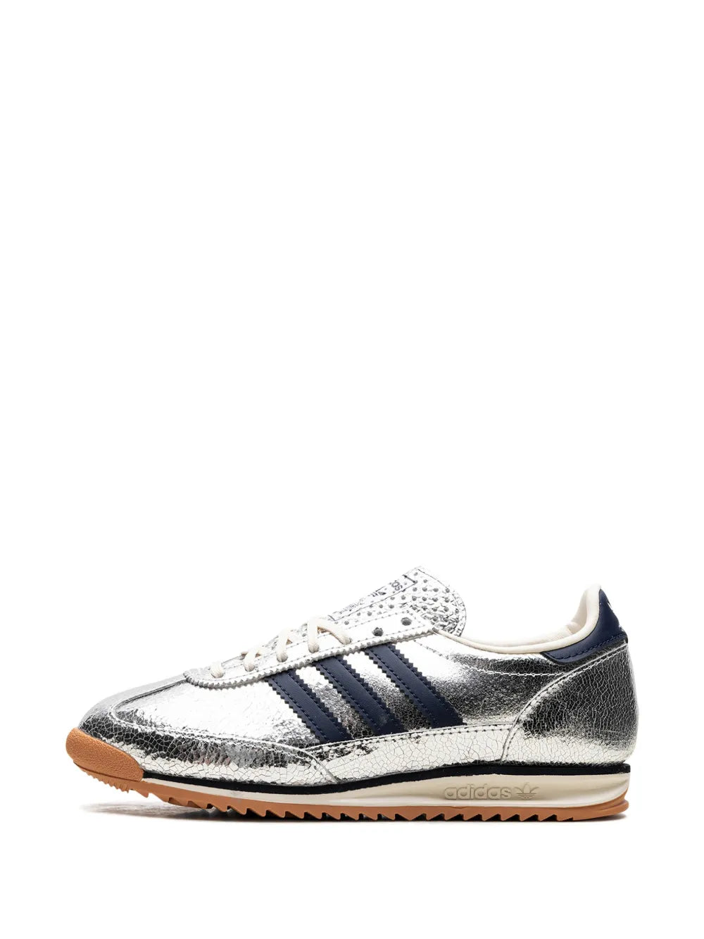 adidas SL 72 front 3/4 view: metallic silver sneaker with navy stripes and lace-up