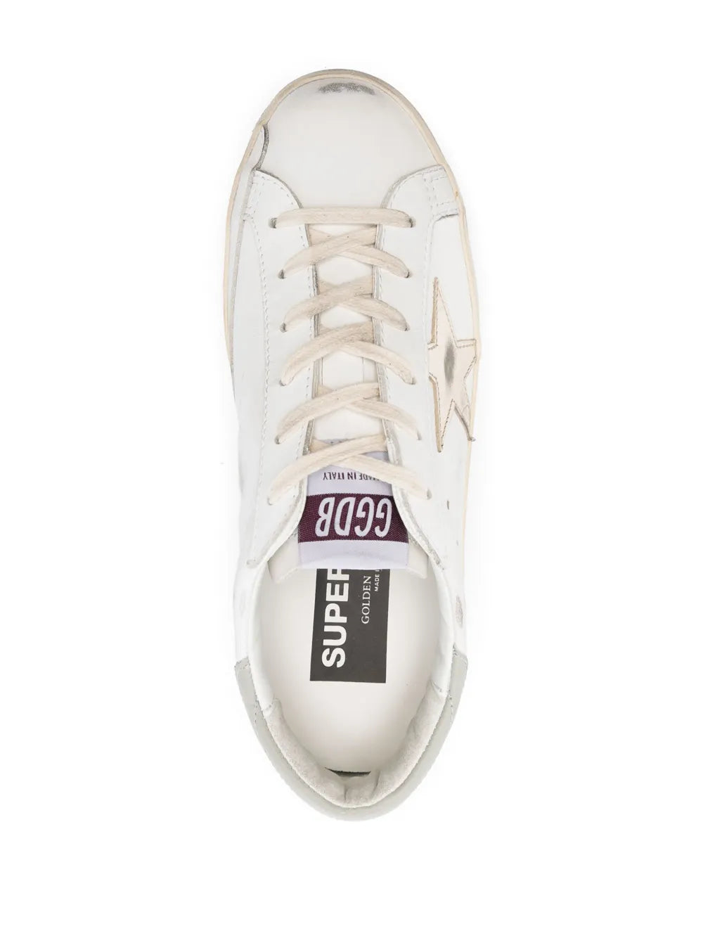White leather low-top sneaker lace-up top view with Super-Star logo on insole