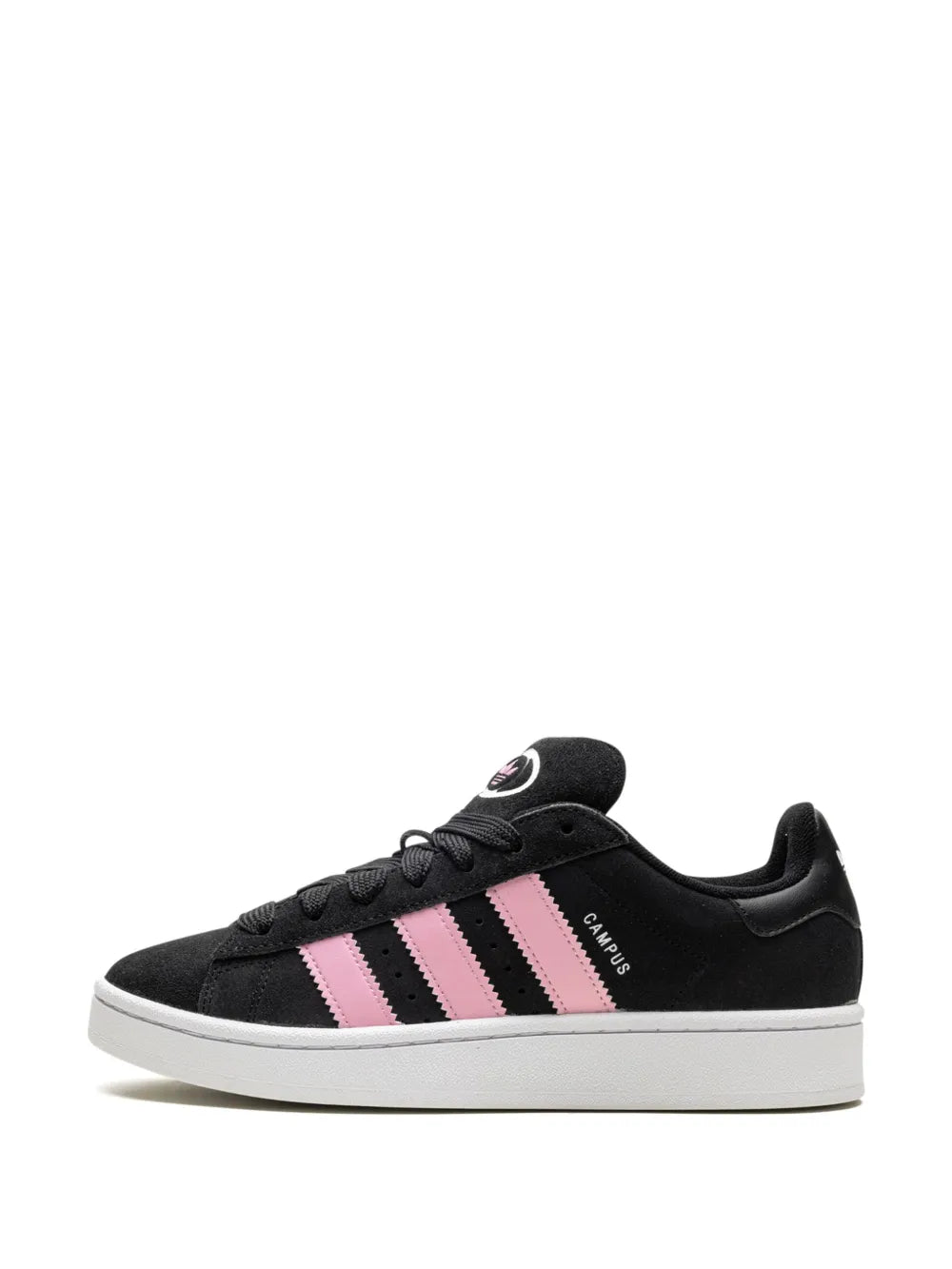Black low-top sneakers with pink triple stripes, lace-up design, and cupsole