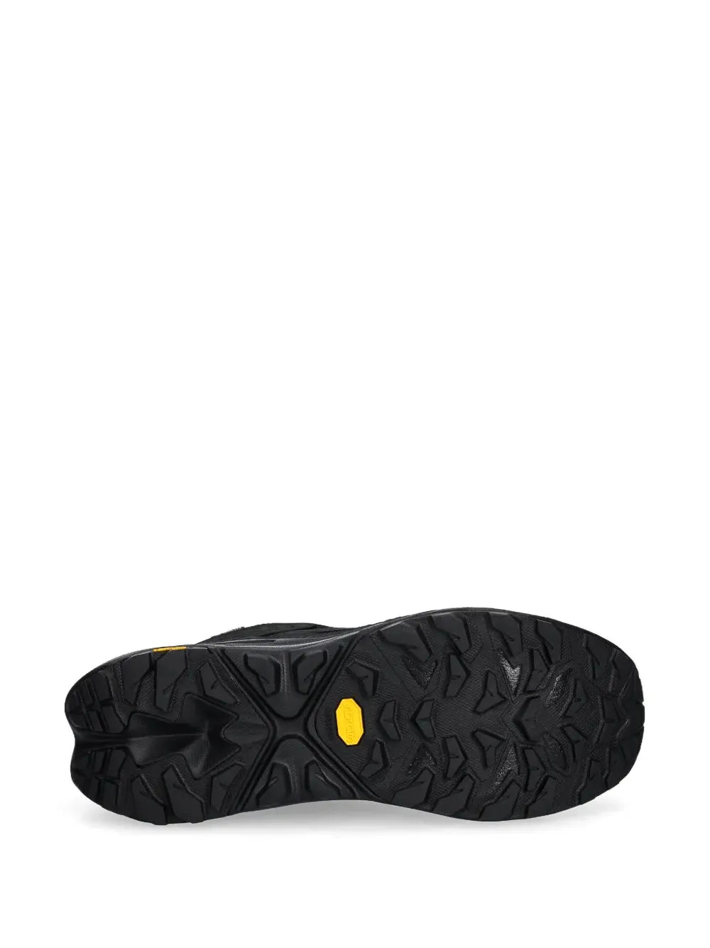 Black outsole tread for Hoka Anacapa 2 trail sneaker, yellow logo