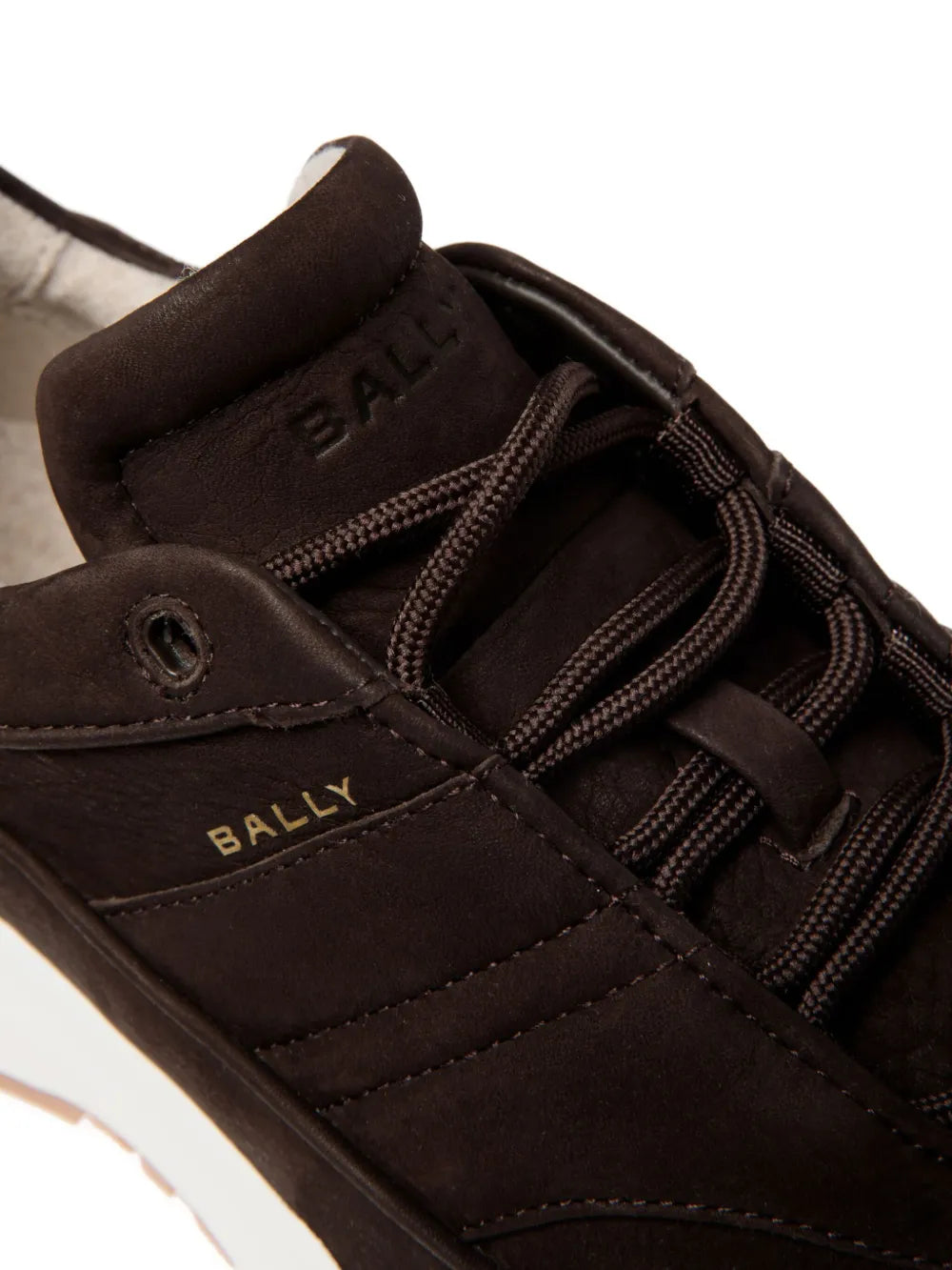 Bally brown lace-up sneaker upper with stitched panels, laces, and logo on tongue