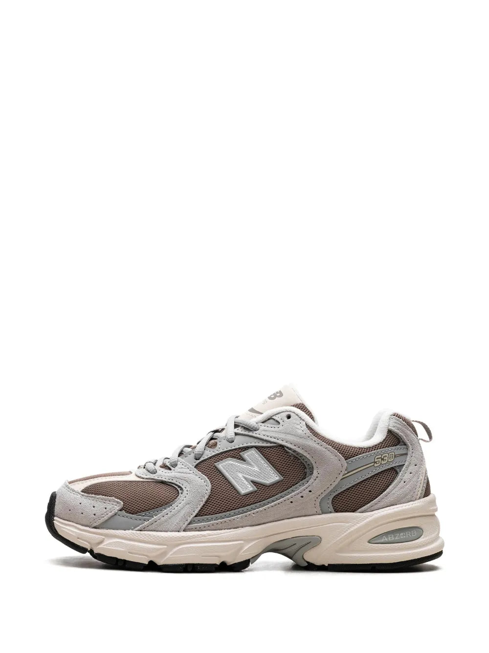 New Balance 530 lace-up running shoe front view, light gray with brown N logo and S30 tag