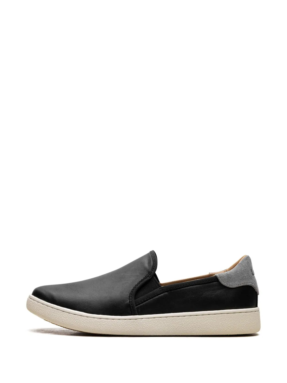 UGG black slip-on sneakers, front-side view with elastic gore and white sole