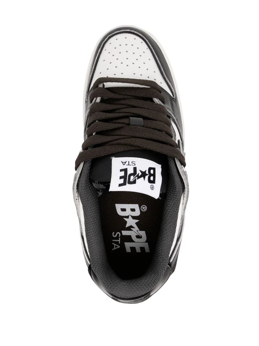 Black lace-up sneaker with white perforated toe panel and printed tongue