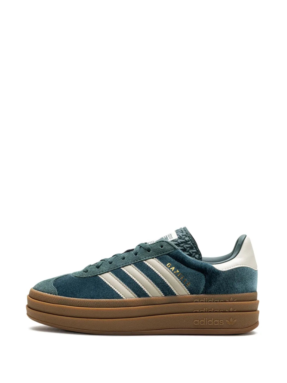 Lace-up low-top sneaker in teal suede with white stripes and tan gum sole