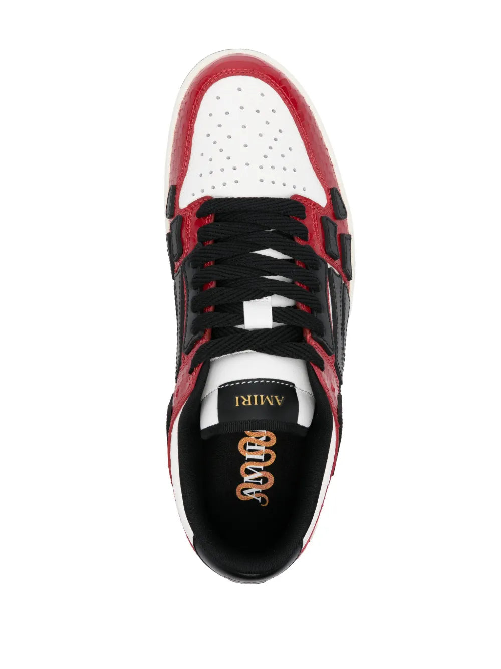 AMIRI logo insole and black interior on brick red and white lace-up sneaker