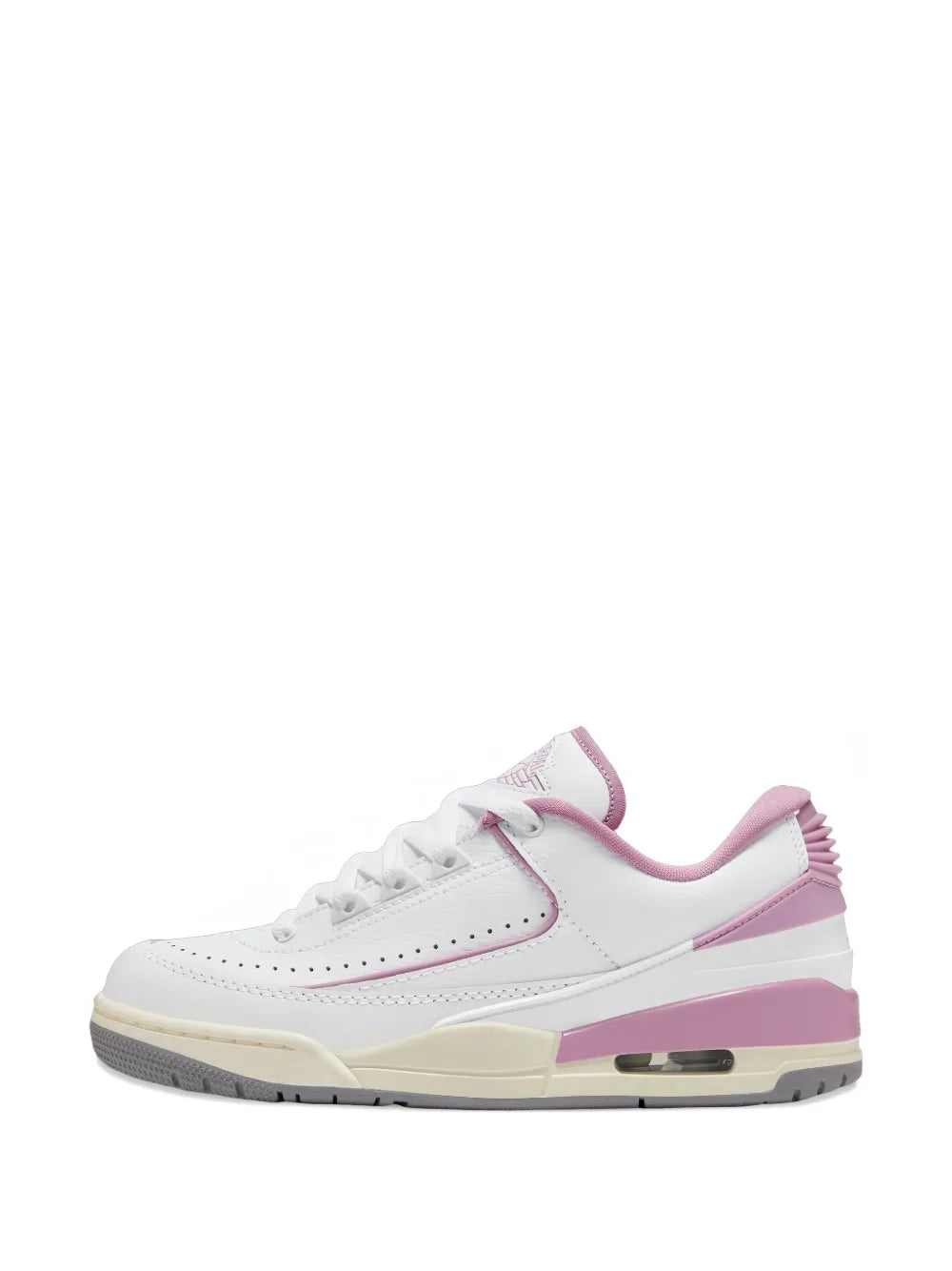 White and lilac Air Jordan low-top sneakers with gray laces and cushioned midsole