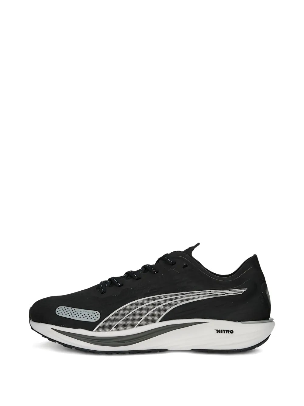 Black running sneaker with white swirl graphic, lace-up front, and nitro branding