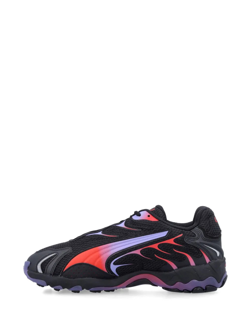 Black athletic sneaker with red and purple flame stripe, lace-up front view