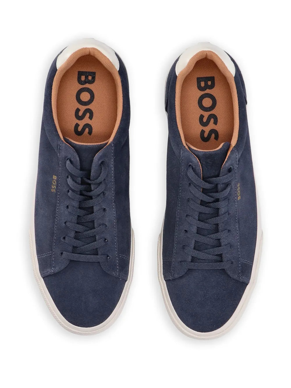 Navy leather sneakers pair with lace-up, BOSS tongue branding, tan lining, cream sole