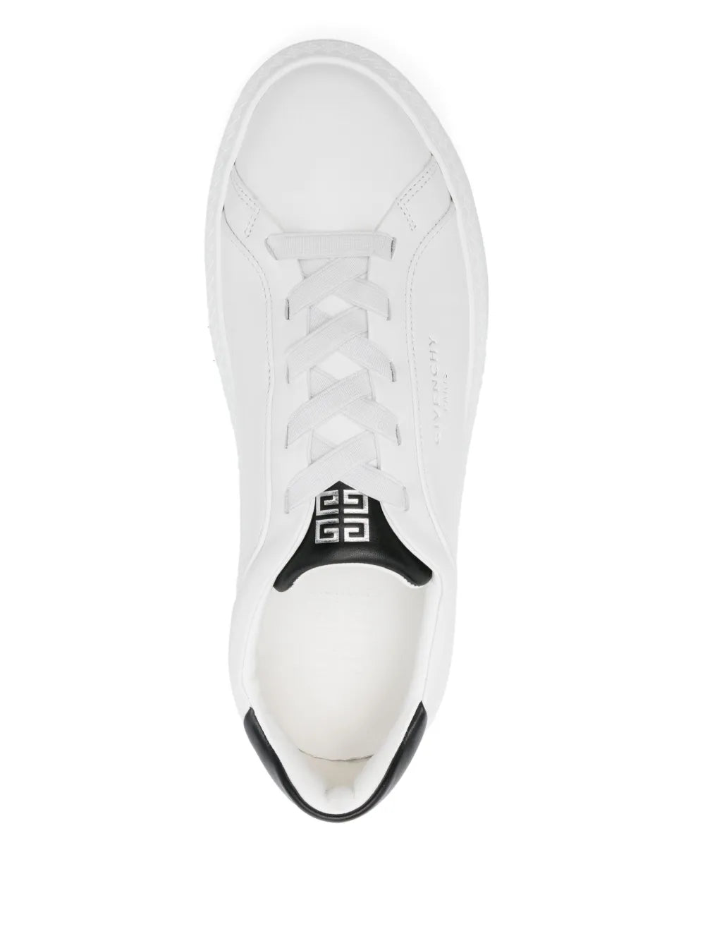 Givenchy white sneakers top view with laced closure and black emblem