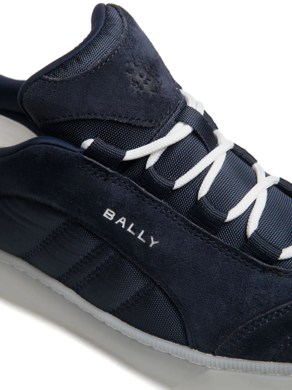 Bally Raise sneaker close-up: Oxford Blue upper with Bally logo and laces