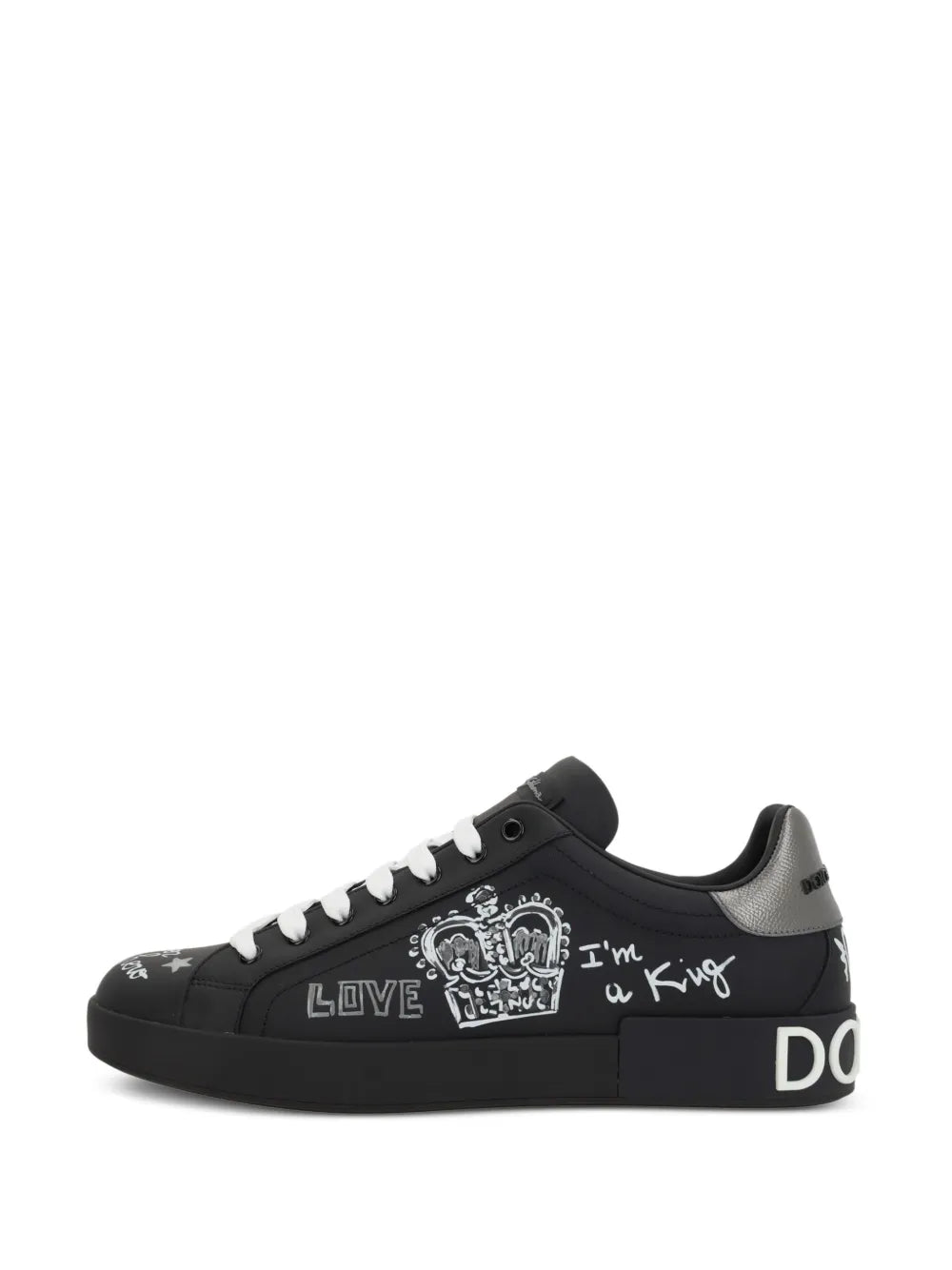 Dolce & Gabbana black low-top sneakers with white laces and crown 'LOVE' graphic