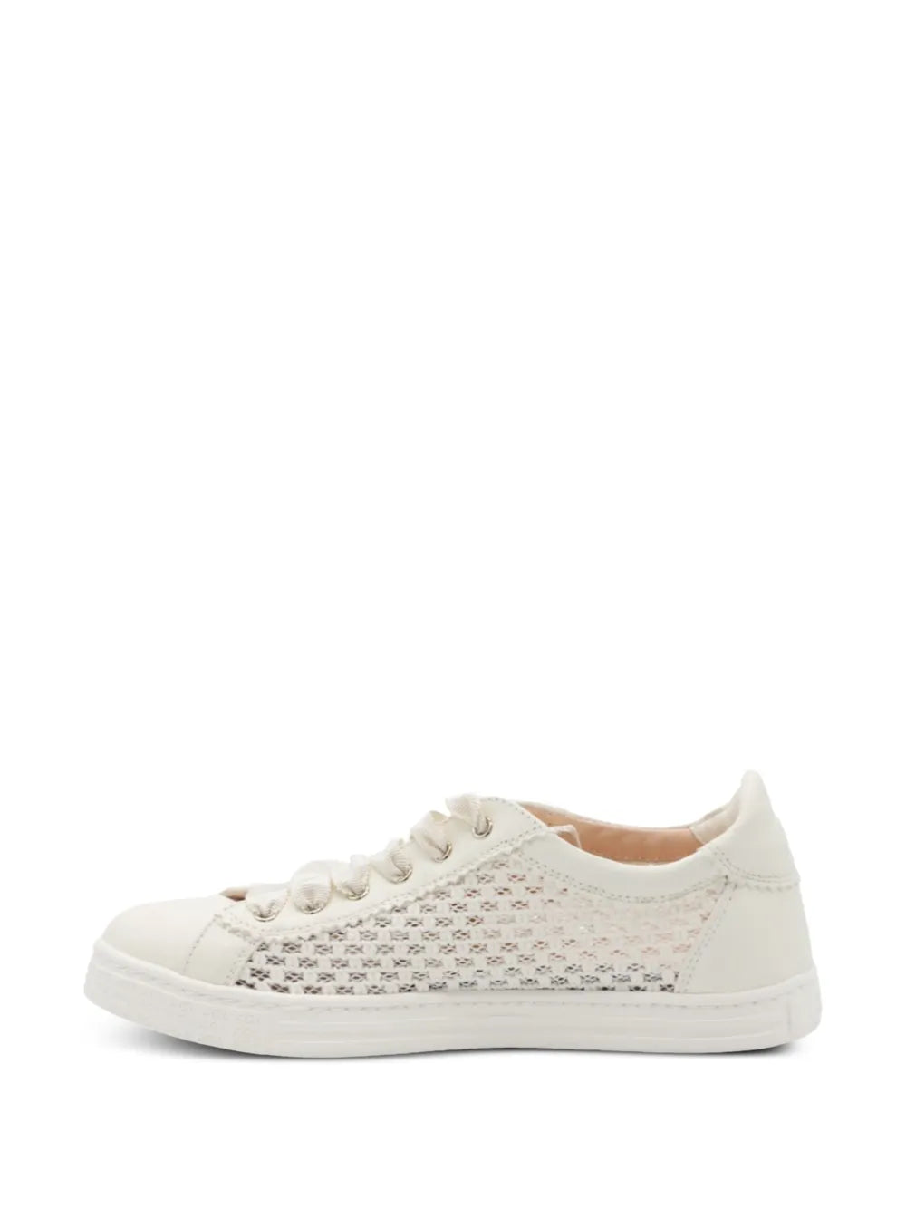 White lace-up sneaker with allover micro-pattern upper and flat rubber sole