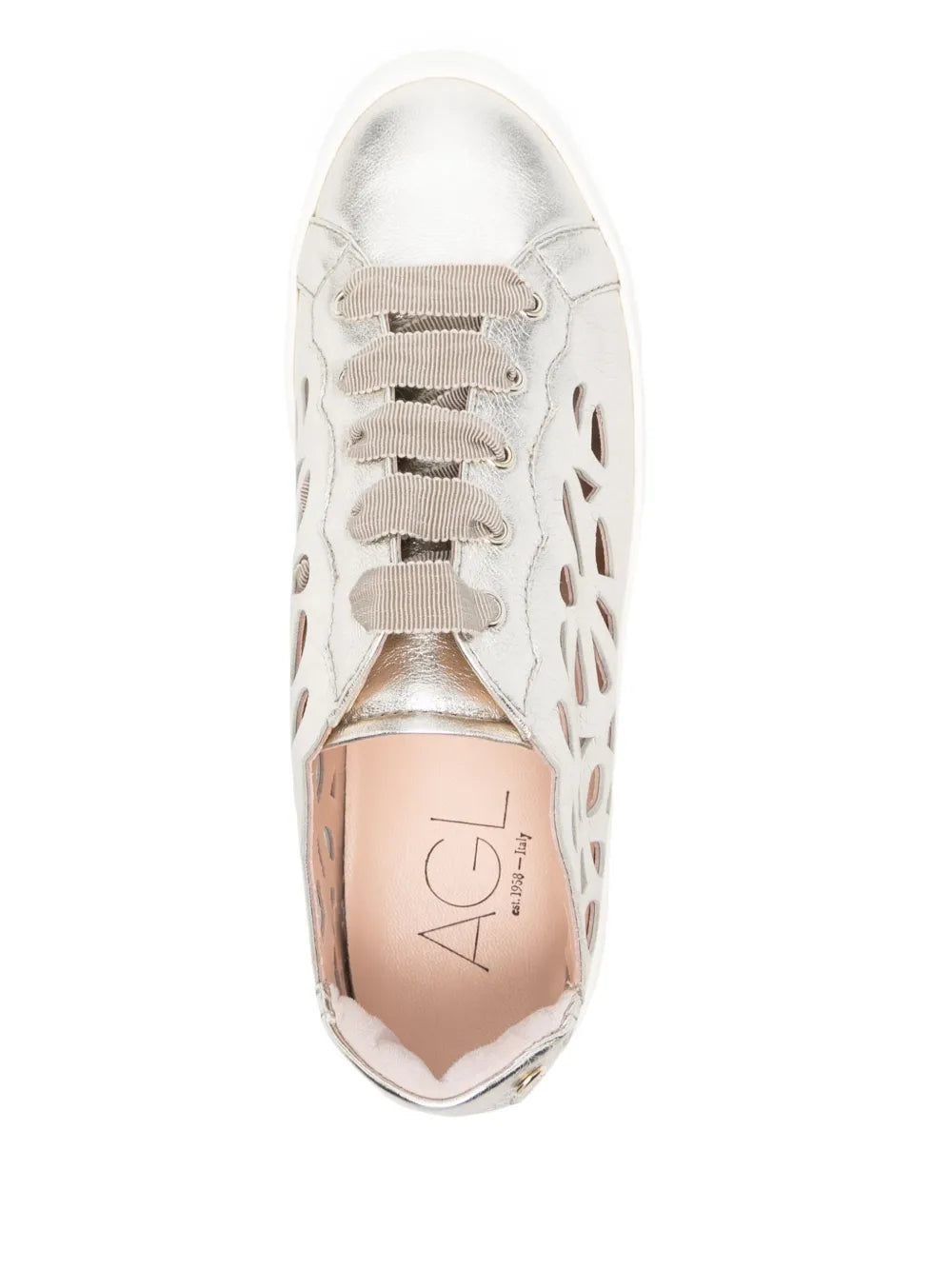 Silver sneaker front view with lace-up closure and beige insole with AGL logo
